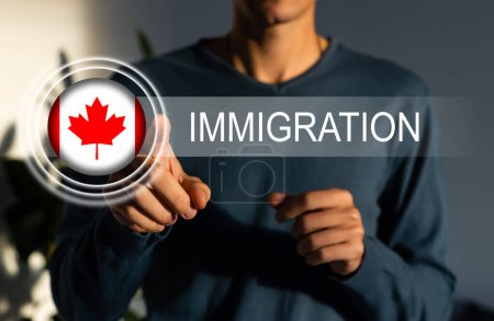 man with Canadian flag and word IMMIGRATION. virtual button.