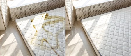 Foto de Filthy bed mattress in low cost hotel - Imagen libre de derechos