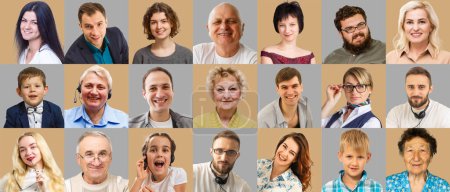 Lächelnde Gesichter. Glückliche Gruppe multiethnisch positiver Menschen, Männer und Frauen. Hochwertiges Foto