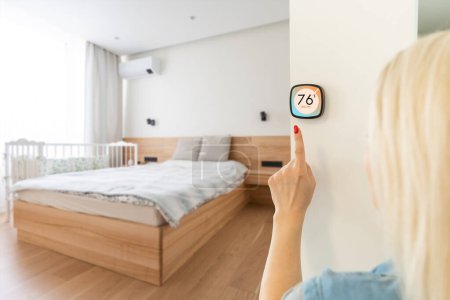 Smart home banner. IoT House automation domotics panoramic. Technology thermostat device with app icons showing temperature and heat cool adjustment.