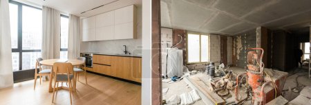 Vergleich-Schnappschuss eines großen schönen Zimmers in einem Privathaus vor und nach dem Umbau, chaotisches Zimmer mit leeren grauen Wänden gegen neues, sauberes, glänzendes Interieur