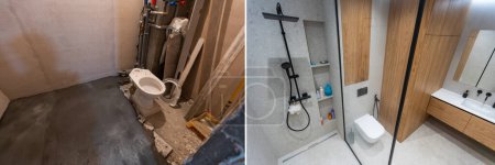 Photo for Comparison of freshly renovated apartment with marble floor, old place with underfloor heating pipes. Modern empty flat with stylish design before and after restoration. Concept of home refurbishment - Royalty Free Image