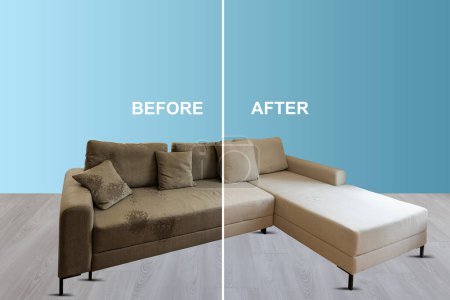 Foto de Sofá antes y después de la limpieza en seco en la habitación. - Imagen libre de derechos