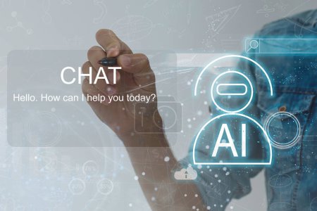 Chatten Sie mit KI oder künstlicher Intelligenz. Junge Geschäftsleute im Chat mit intelligenter KI oder künstlicher Intelligenz mit einem von KI entwickelten Chatbot mit künstlicher Intelligenz