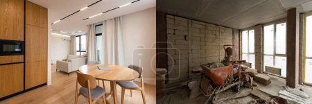 Renovierung des Wohnzimmers, vor und nach der Wohnungseinrichtung.
