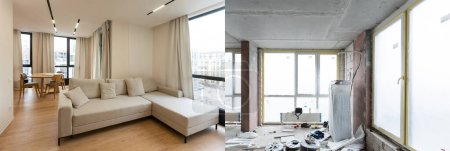 Comparaison instantanée d'une grande belle chambre dans une maison privée avant et après la reconstruction, chambre désordonnée avec des murs gris vides vs nouvel intérieur brillant propre
