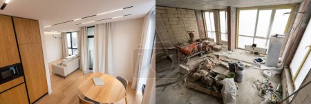 Comparison of freshly renovated apartment with marble floor, old place with underfloor heating pipes. Modern empty flat with stylish design before and after restoration. Concept of home refurbishment