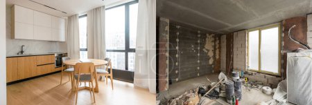 Téléchargez les photos : Rénovation du salon, avant et après la rénovation de la maison. - en image libre de droit