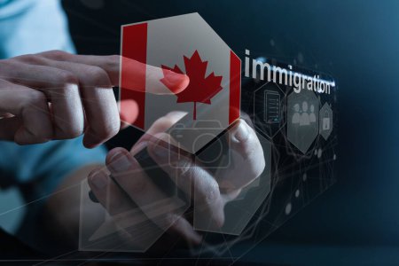Concepto de inmigración a Canadá con botón virtual presionando.