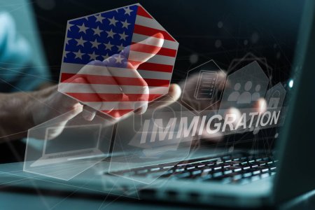 Photo for Concept of immigration to USA with virtual button pressing. - Royalty Free Image