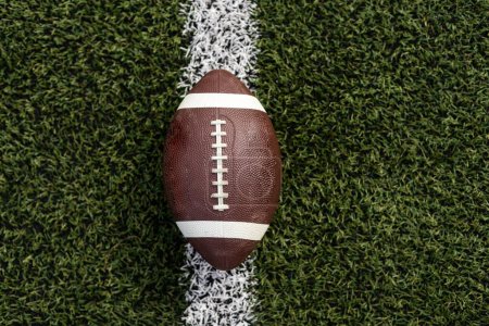 Foto de una pelota de rugby en una hierba junto a la línea blanca, disparada desde arriba.