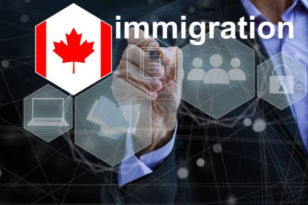 Concepto de inmigración a Canadá con botón virtual presionando.