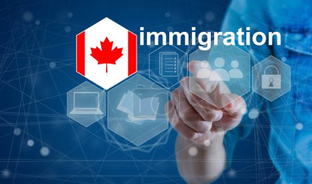 Concept d'immigration au Canada avec bouton virtuel pressant.