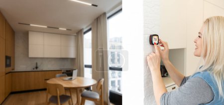 Foto de Mujer usando smartphone para controlar la interfaz de conectividad del hogar - Imagen libre de derechos