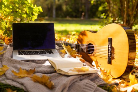 Foto de Guitarra en hojas amarillas y portátil. - Imagen libre de derechos