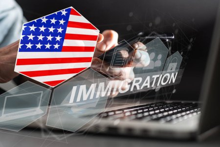 Concept of immigration to USA with virtual button pressing.