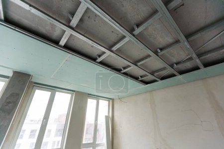 Drywall wall home interior decoration at construction site with copy space add text. High quality photo