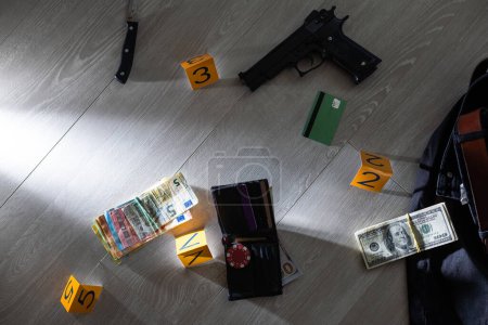Photo for Evidence markers and objects on floor of residential apartment. High quality photo - Royalty Free Image