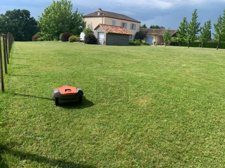 Téléchargez les photos : Robot automatique de tondeuse à gazon se déplace sur l'herbe, pelouse. vue de côté d'en haut, espace de copie. Photo de haute qualité - en image libre de droit