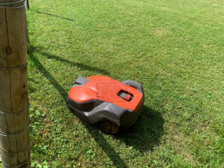 Téléchargez les photos : Robotique tondeuse à gazon sur herbe, vue latérale. Photo de haute qualité - en image libre de droit