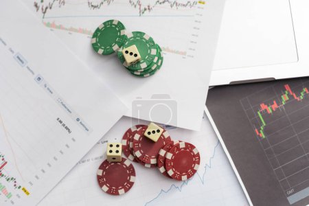 Photo for Dices cubes to trader. Cubes with the words SELL BUY on financial chart and columns of quotations as background. Selective focus. High quality photo - Royalty Free Image
