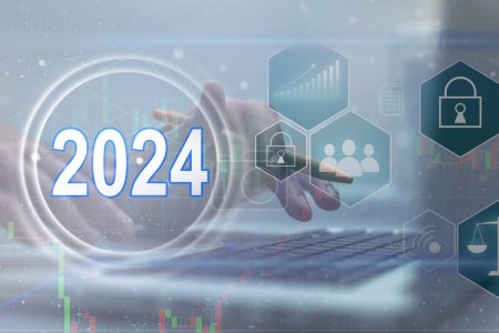 2024 calender year button on digital virtual screen blur background.