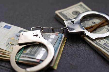 Photo for The handcuffs are on hundred-dollar bills. Power and bribery. Criminal ransom. Criminal earnings. Business concept. The concept of wealth. High quality photo - Royalty Free Image