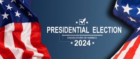 Politics and voting concept. Part of the American flag with Presidential election 2024 text on white paper over a vintage background . High quality photo