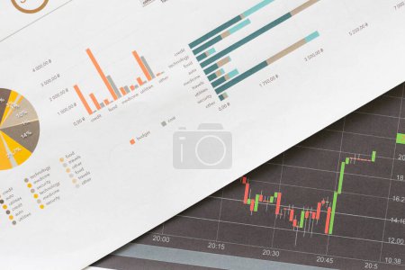 Photo for Top view and flat lay the magnifying glass on business graphs, graph charts on the table .business office company meeting concept. High quality photo - Royalty Free Image