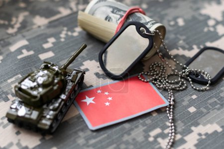 Photo for Army blank, dog tag with flag of russia and china on the khaki texture background. military concept. High quality photo - Royalty Free Image