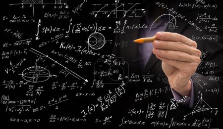Photo for Male hand writing mathematical formulas on blurry background. Science and algebra concept. Double exposure. High quality photo - Royalty Free Image