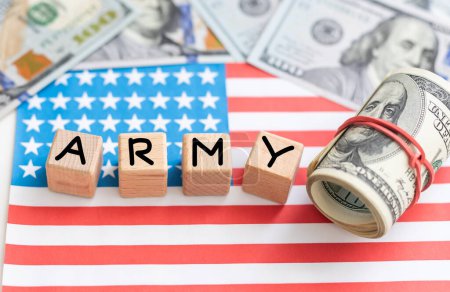 Photo for The soldier military tokens on dollar bills on the USA flag background with words US Army. Soldiers of fortune military power concept. High quality photo - Royalty Free Image
