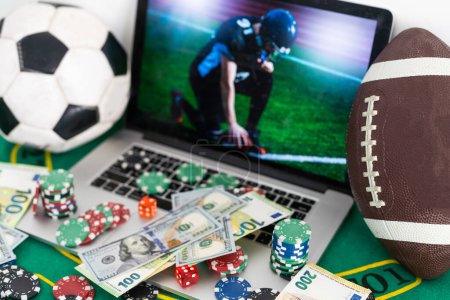 Photo for Betting bet sport phone gamble laptop over shoulder soccer live home website concept - stock image. High quality photo - Royalty Free Image