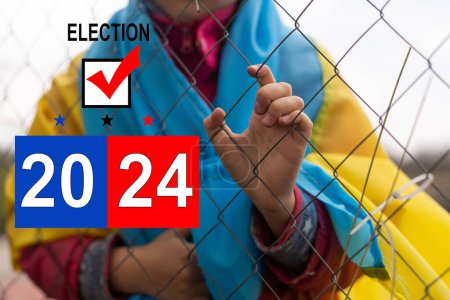 Foto de Elecciones presidenciales de Estados Unidos en 2024. Bandera de EE.UU., y el impacto en los refugiados de Ucrania. - Imagen libre de derechos