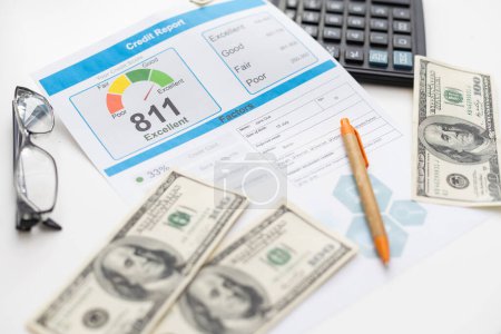 Credit report with score on a desk. High quality photo