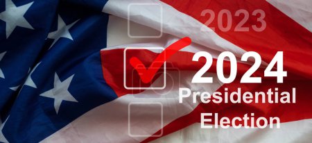 Foto de Elecciones presidenciales en América. La inscripción Vote y 2024 en el fondo de la bandera estadounidense. Representación 3D. Foto de alta calidad - Imagen libre de derechos