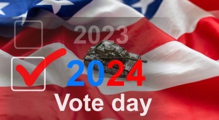 2024 année de l'élection présidentielle aux États-Unis comme modèle d'illustration sur fond bleu mur avec réflexion. Photo de haute qualité