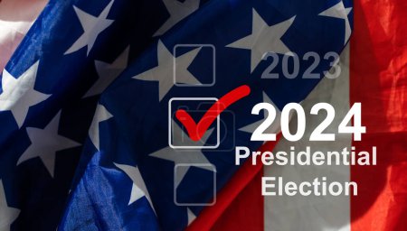 Präsidentschaftswahljahr 2024 in den Vereinigten Staaten als Illustrationsschablone auf blauem Hintergrund mit Spiegelung. Hochwertiges Foto