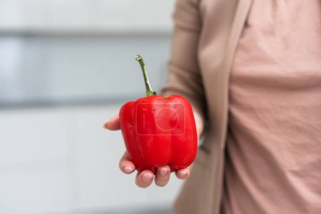  Hand hält Paprika oder roten Paprika isoliert auf weißem Hintergrund. Frischer Paprika oder bulgarischer Pfeffer in männlicher haariger Hand als Bio-Erntekonzept. Hochwertiges Foto