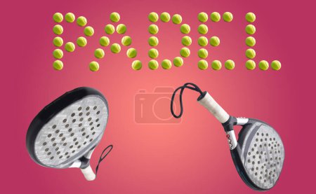 Background of padel racket and ball on artificial Top view. High quality photo