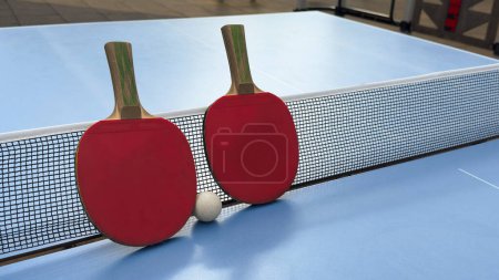 Schläger und Ball auf einer blauen Tischtennisplatte - Ausrüstung für Tischtennis oder Tischtennis. Alte und neue Schläger hautnah. Sportkonzept. . Hochwertiges Foto