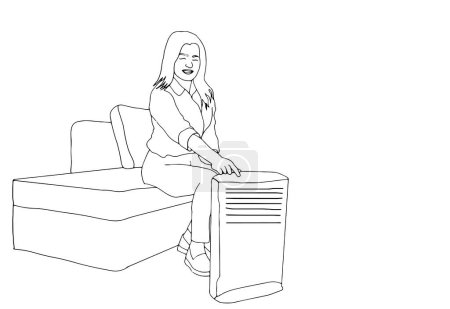 Illustration for Woman with air purifier outline illustration. - Royalty Free Image