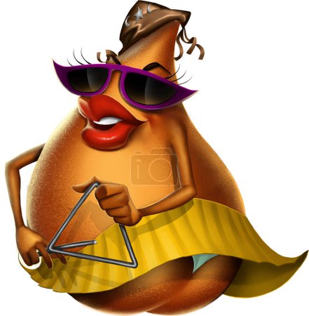 a character based on a coxinha (Brazilian snack), playing the triangle and wearing a cangaceiro hat