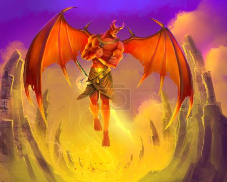 an illustration of a demon flying over a volcano he carries a great sword of fire