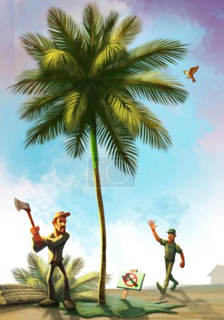 Un hombre talando una palmera y un guardabosques acercándose