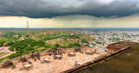 Aerial View of Jodhpur City with Cannons from Mehrangarh Fort.
