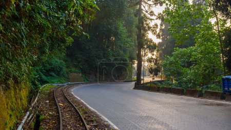 Téléchargez les photos : Paysage Vue de la ligne étroite de 2 pieds de Darjeeling Toy train, avec la route goudronnée, qui relie New Jalpaiguri et Darjeeling dans l'État indien du Bengale occidental, en Inde. - en image libre de droit