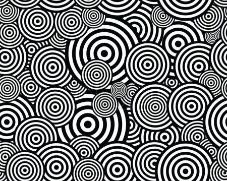 Überlappende konzentrische Kreise in einem sich wiederholenden schwarz-weißen Wellenmuster, nahtloses Muster