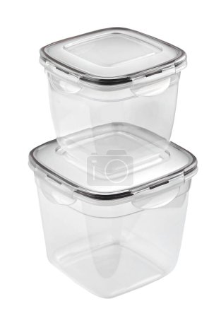 Téléchargez les photos : Boîte en plastique pour nourriture, isolée sur fond blanc - en image libre de droit