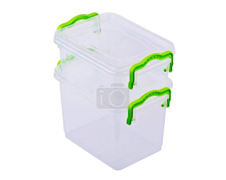 Téléchargez les photos : Boîte en plastique transparent pour aliments, isolée sur fond blanc - en image libre de droit